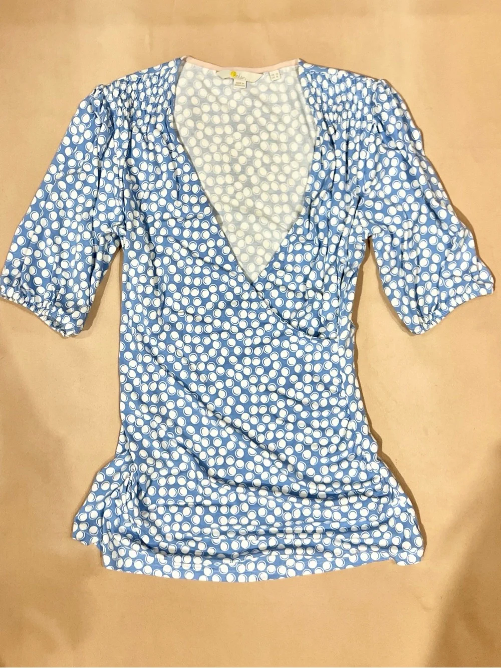 Boden Blue White Polka Dot Faux Wrap Ruched Puff Sleeve Jersey Top US 8